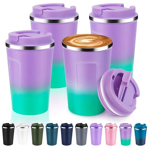 Authentic 12 oz Double Wall Insulated Vacuum Travel Coffee Mug with Flip Lid Bulk 4 Pack 4 Count Secure