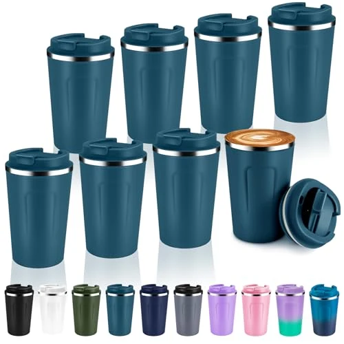 First-Class 12 oz Double Wall Insulated Vacuum Travel Coffee Mug with Flip Lid Bulk 8 Pack 8 Count Detailed