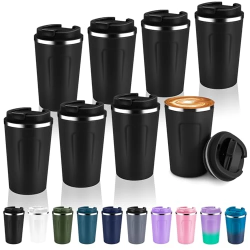 First-Class 12 oz Double Wall Insulated Vacuum Travel Coffee Mug with Flip Lid Bulk 8 Pack 8 Count Environmentally Friendly