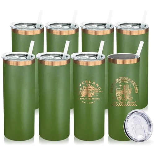 Convenient 20 oz Skinny Tumblers Bulk with Lids and Straws Army Green 8 Count Traditional