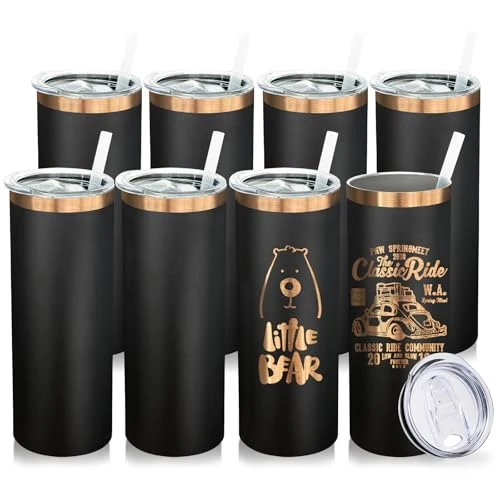 Fast 20 oz Skinny Tumblers Bulk with Lids and Straws Black 8 Count High-End