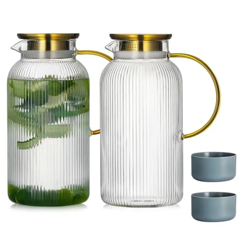 Detailed 2 PACK Glass Pitcher with Lid Genuine