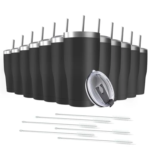 Fine Crafted 12 Pack 30oz Stainless Steel Tumblers Bulk Reusable Travel Mugs with Lid Solid