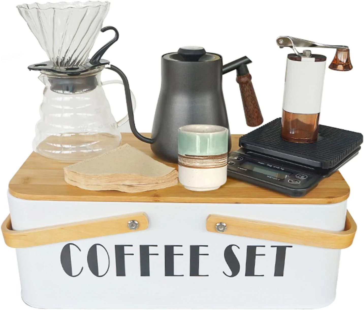 Quality Pour Over Coffee Maker Set Coffee Kettle Scale Server Dripping Cup Bean Grinder Filter Paper Ceramic Cup ALL in 1 Great Portable Metal Box for Traveling Excellent Coffee Gift Green