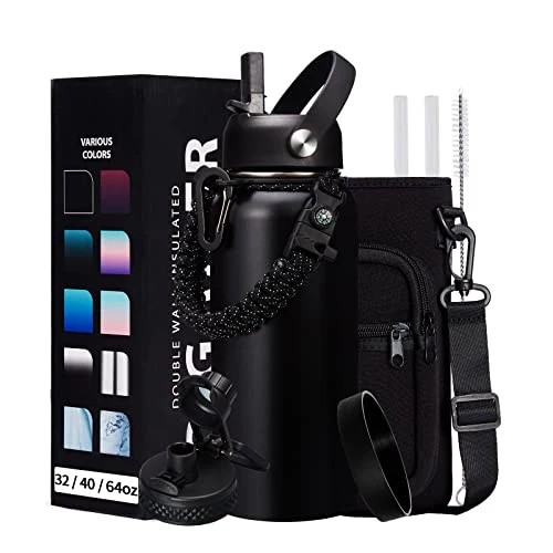 Fine 32-40-64OZ Stainless Steel Water Bottle - Black Water Bottle with Straw Spout Lid Paracord Handle Bottle Sleeve Insulated Vacuum Water Flask Double-Wall Metal Thermo Cup Canteen for Gym School 9 Count Casual