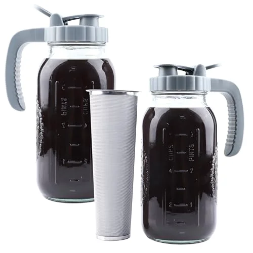 Effective Cold Brew Coffee Maker 64 OZ 2 Pack Mason Jar Cold Brew Pitcher With Infuser 2 Quart Wide Mouth Iced Coffee Maker With Pour Spout Lid And Handle Half Gallon Airtight Leakproof Pitcher For Fridge 2 Count Specialty