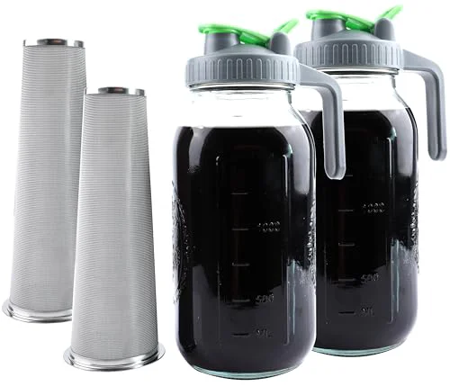 Contemporary Cold Brew Coffee Maker 64 Oz Mason Jar Iced Tea Pitcher With Strainer 2 Set Half Gallon Glass Pitcher With Spout Lid 2 Quar Water Jug For Fridge Beverage Detailed