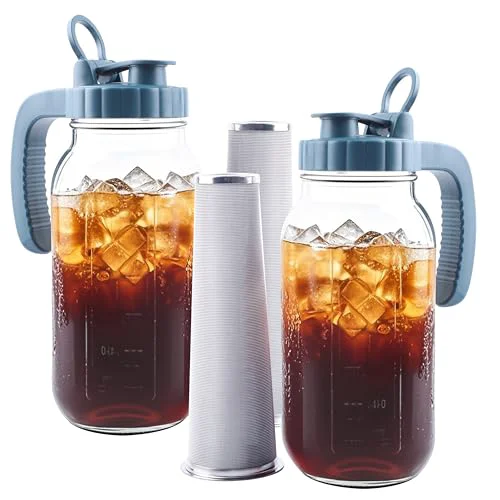 Easy-to-Use Mason Jar Pitcher With Stainless Steel Filter 64 OZ 2 Pack Wide Mouth Cold Brew Coffee Maker 2 Quart Glass water pitcher with lid Half Gallon Cold hot Tea maker For Lemonade Milk Juice Refrigerator 2 Count Healthy