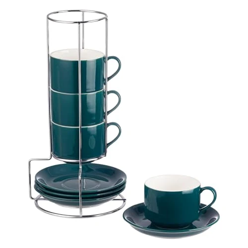 High-Grade 8 Ounce Stackable Cappuccino Cups with Saucers and Metal Stand 4 Count Next-Generation