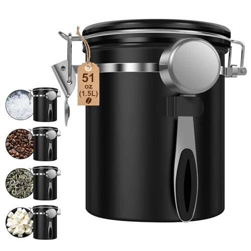 Smart 4PCS Coffee Storage Canister 1.5L 51OZ Double Airtight Coffee Beans Container with Date Locator 304 Stainless Steel Kitchen Food Storage Container with Spoon for Tea Sugar 4 Count Minimalist