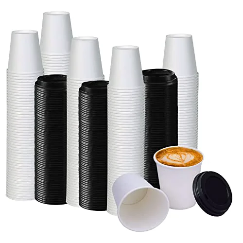 Elegant White Disposable Paper Coffee Cups with Lids 100 Count Organic