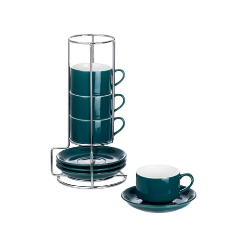 Comfortable 2.5 Ounce Stackable Espresso Cups with Saucers and Metal Stand 4 Count Smart