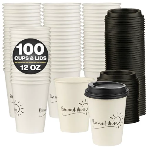 Classic Disposable Coffee Cups with Lids 100 Count Casual