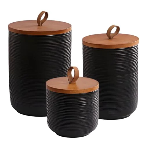 Dependable Food Storage Jar Strong Ceramic Storage Canisters with Airtight Wooden Lid 3 Count Expertly Made