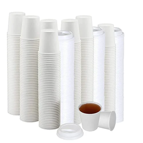 Elegant White Disposable Paper Coffee Cups with Lids 100 Count Healthy