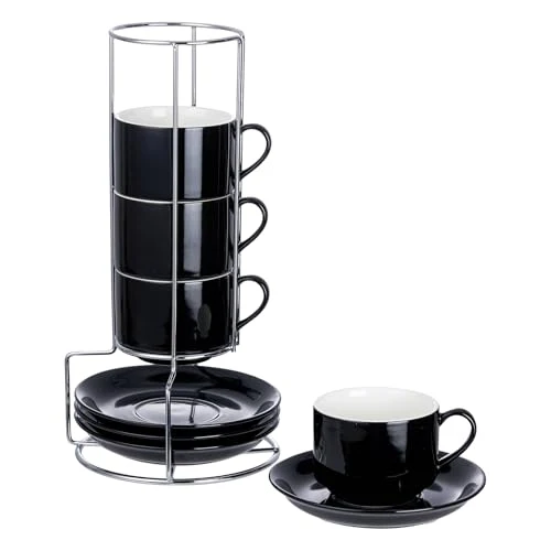Selected 8 Ounce Stackable Cappuccino Cups with Saucers and Metal Stand Enhanced