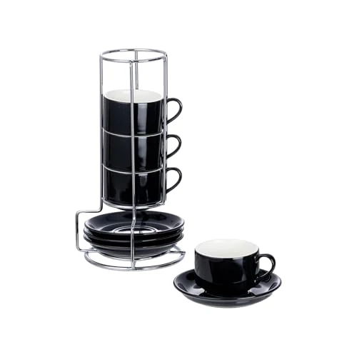 World-Class 2.5 Ounce Stackable Espresso Cups with Saucers and Metal Stand 4 Count Lightweight