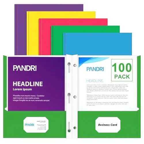 Premium 100 Pack Two Pocket Paper Folders with Prongs Soft