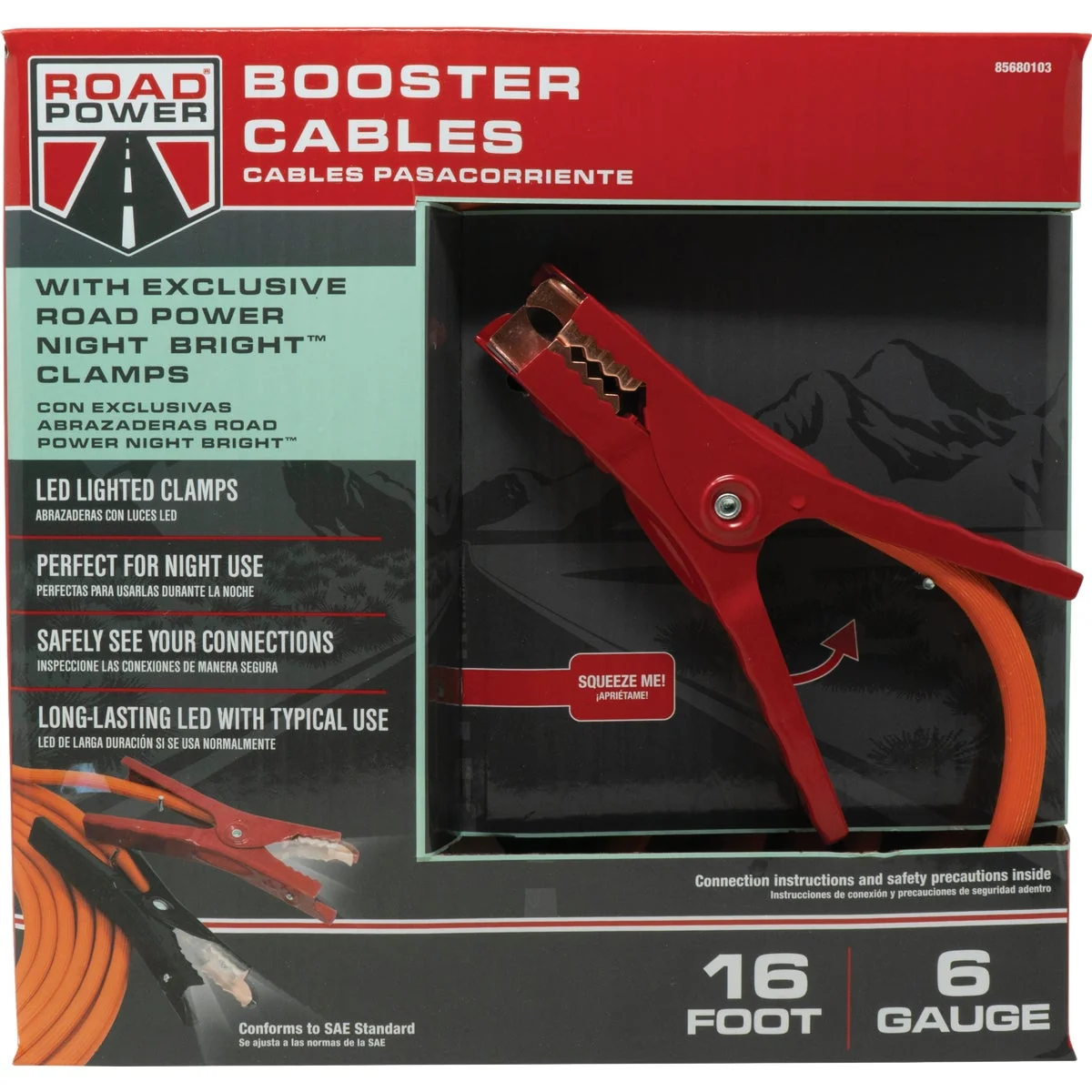 Pure Southwire 16 Ft. 6 Gauge Booster Cable with Road Power Night Bright Clamps Lightweight