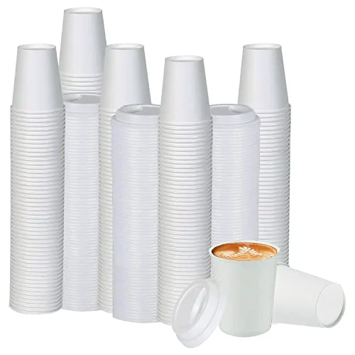 Solid White Disposable Paper Coffee Cups with Lids 100 Count Healthy