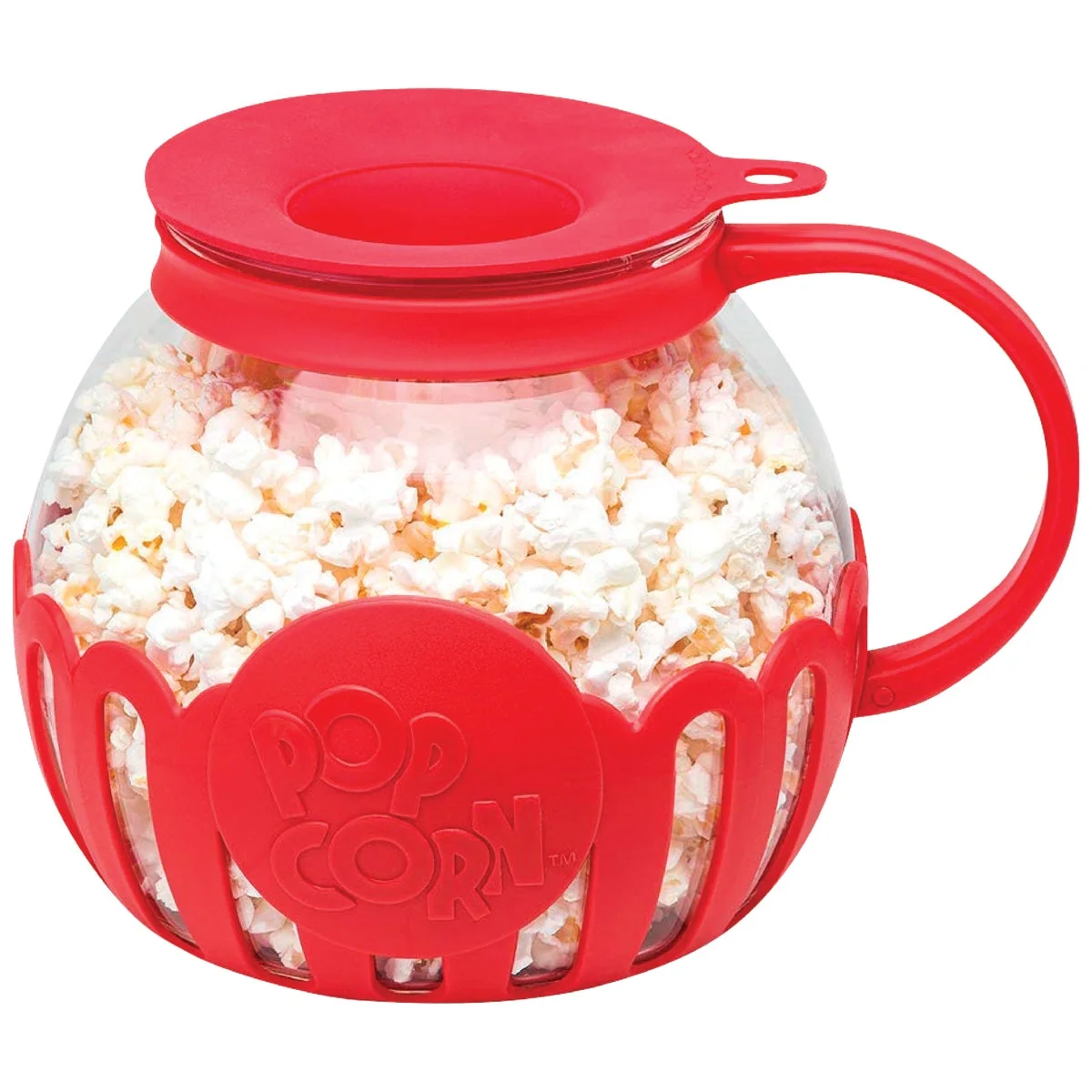 Professional Micro-Pop 3 Qt. Glass Popcorn Popper For Microwave Use with Protective Holder and Dual Function Silicone Lid - Red Minimalist