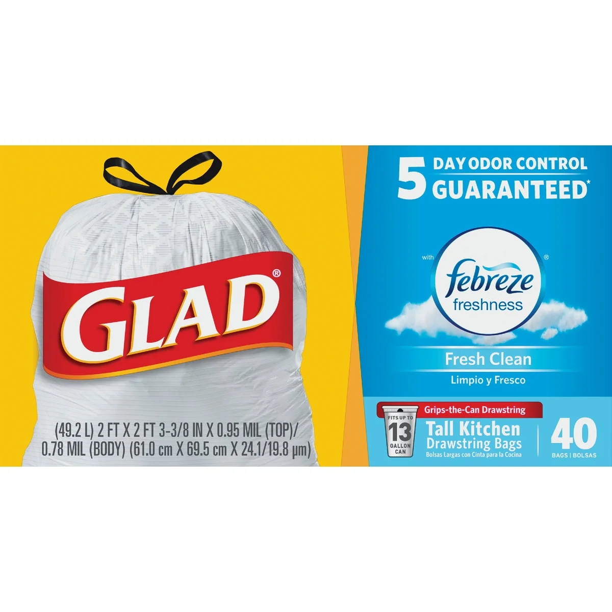 Responsible Glad Febreze 13 Gal. Fresh Scent Tall Kitchen White Trash Bag 40-Count Durable
