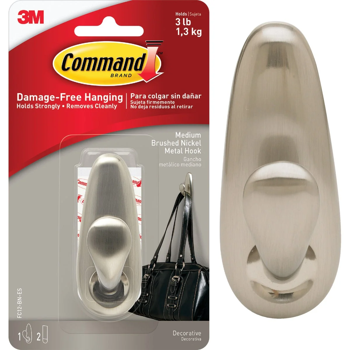 Clean 3M Command Medium Brushed Nickel Metal Adhesive Hook Secure