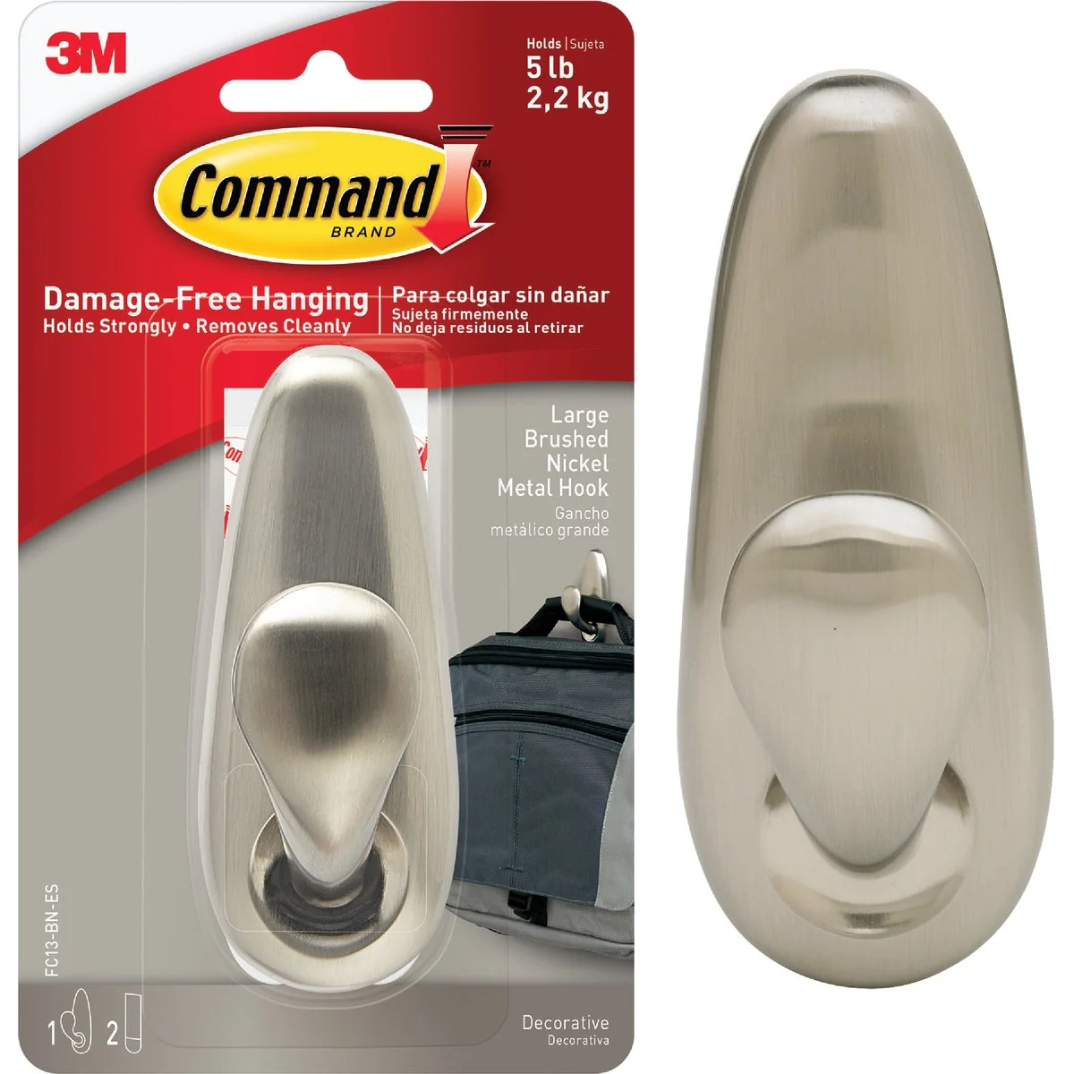 Artisan 3M Command Large Brushed Nickel Metal Adhesive Hook Elegant