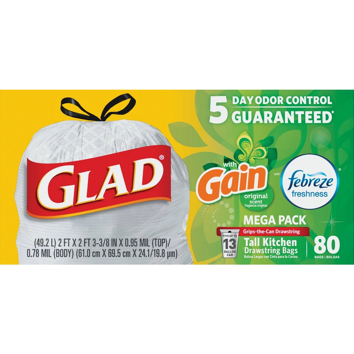 First-Class Glad Febreze 13 Gal. Gain Tall Kitchen White Trash Bag 80-Count Organic
