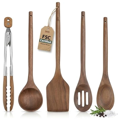 Unique Elegant 5 Piece Walnut Wood Kitchen Utensil Set 5 Count Detailed