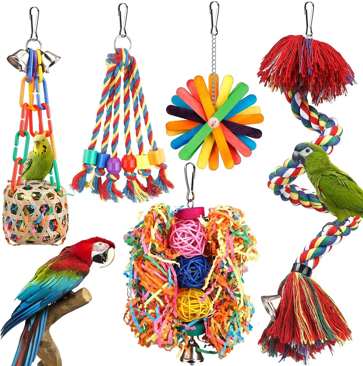 Organic Bird Toys Rope Perch with Bell Colorful Bird Chewing Shredding Foraging Toys Parrot Swing Climbing Standing Hanging Toys Cage Accessories for Conure Cockatiel Budgies Lovebird Clean