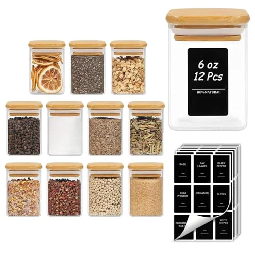 Next-Generation Square Glass Spice Jars with Labels 6 oz 12 Pack with Bamboo Lids 12 Count Flexible