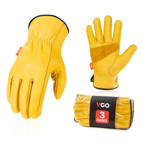 Top-Quality Vgo 3 Pairs Unlined Cow Grain Leather Work and Driver Gloves with Cow Split Leather Palm Patch 3 Count Premium