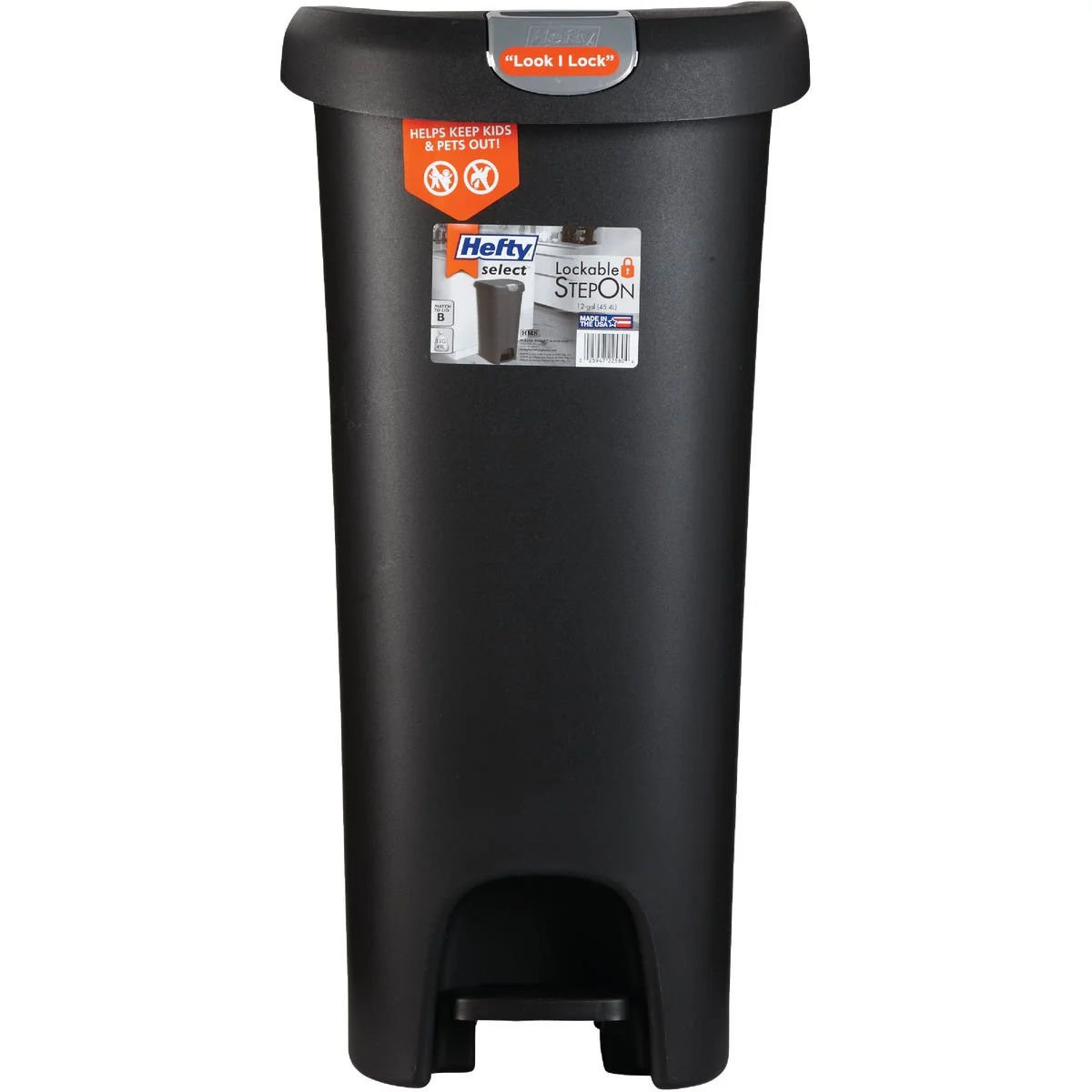 Official Hefty 12 Gal. Black Lid Lock Step-On Wastebasket Casual