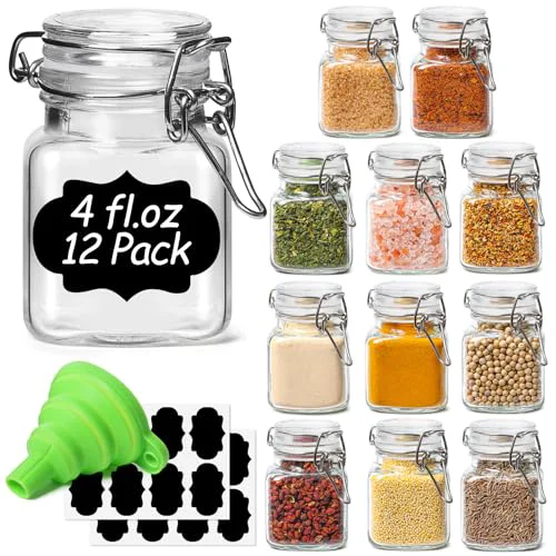 Original Square Glass Spice Jars 4 oz 12 Pack with Labels and Funnel Set 12 Count Superior