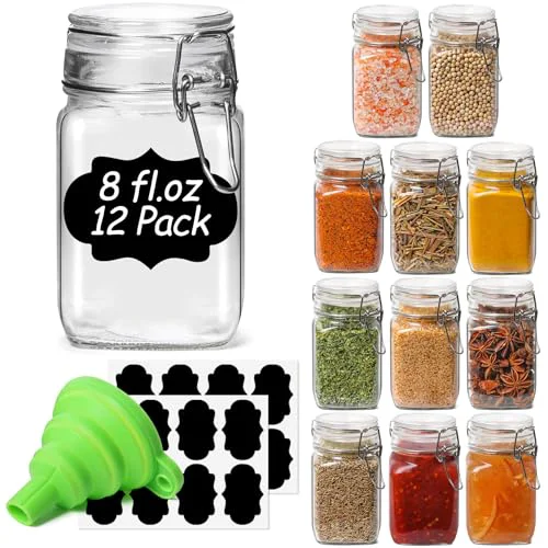 Specialty Square Glass Spice Jars 8 oz 12 Pack with Labels and Funnel Set 12 Count Elite