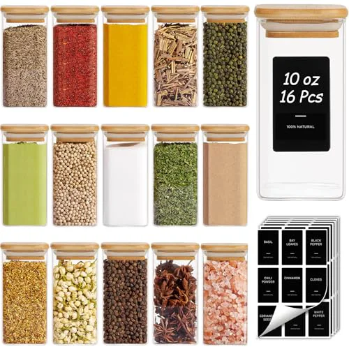 Specialty Square Glass Spice Jars with Labels 10 oz 16 Pack with Bamboo Lids 16 Count Selected