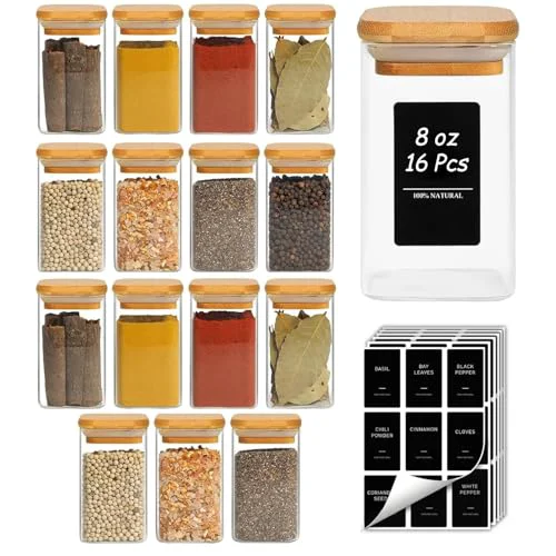 Classic Square Glass Spice Jars with Labels 8 oz 16 Pack with Bamboo Lids 16 Count Excellent