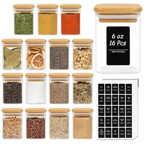 Official Square Glass Spice Jars with Labels 6 oz 16 Pack with Bamboo Lids 16 Count Powerful