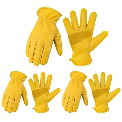 Clean Cowhide Leather Gardening Work Gloves for Men 3 Pairs Golden XL 3 Count Trendy