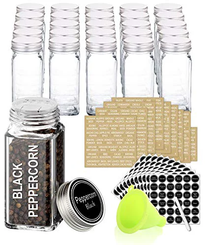 High-Quality 25 Pcs 4 oz Glass Spice Jars with 703 Spice Labels and Shaker Lids 25 Count Minimalist