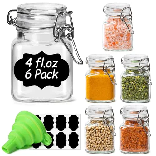 Sustainable Square Glass Spice Jars 4 oz 6 Pack with Labels and Funnel Set 6 Count Classic