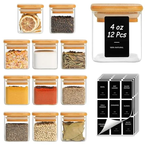 World-Class Glass Spice Jars with Labels 4 oz 12 Pack Small Square Bamboo Lids 12 Count Unique