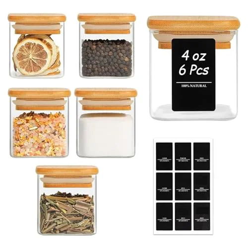 Soft Square Glass Spice Jars with Labels 4 oz 6 Pack with Bamboo Lids 6 Count Smart