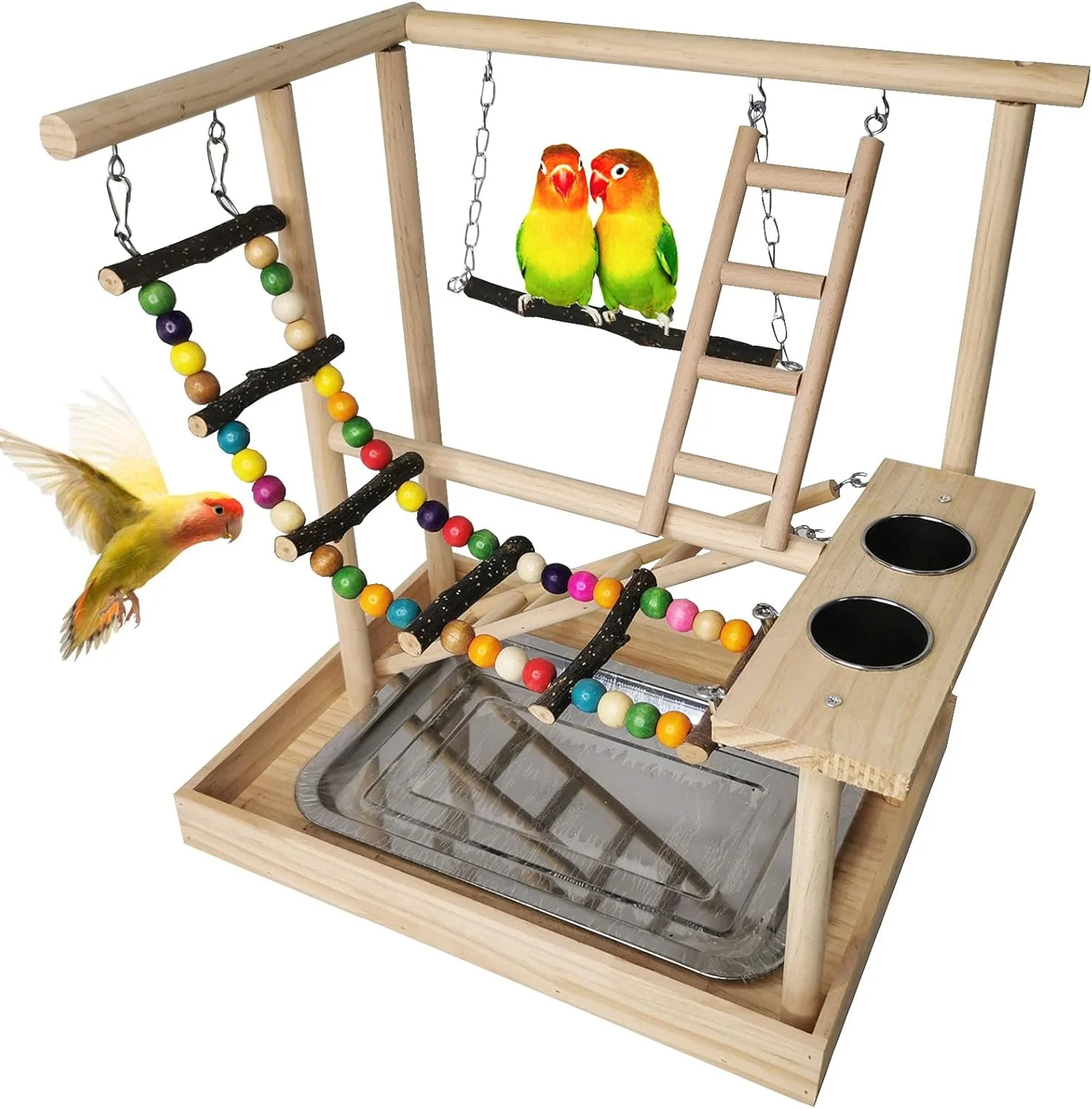Practical Hamiledyi Parrots Playground Bird Play Gym Wood Perch Stand Colours Climb Ladders Swing Chewing Toys with Parakeet Feeding Cups Exercise Activity Center for Conure Cockatiel Lovebirds Include a Tray Original