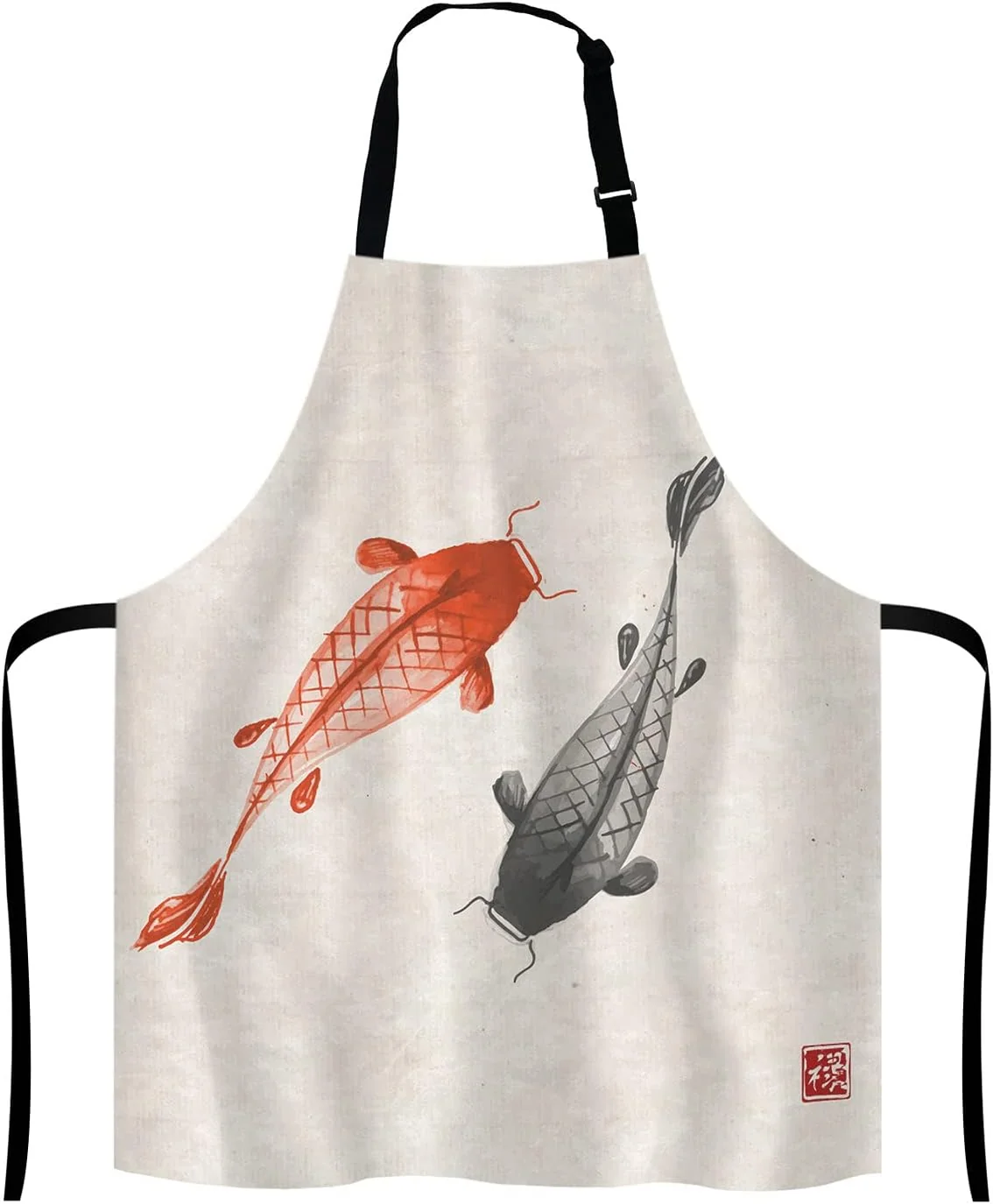 Optimized Red and black hand drawn with ink in traditional Japanese Adjustable Bib Apron Kitchen Cooking Baking Gardening Apron for Women Men Reliable