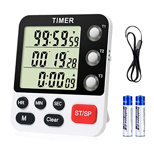 First-Class Digital 3 Channels Kitchen Cooking Multiple Timer with Large LCD Count Up Down Stopwatch ON Off Switch Timer for Teaching Reading 3 Professional