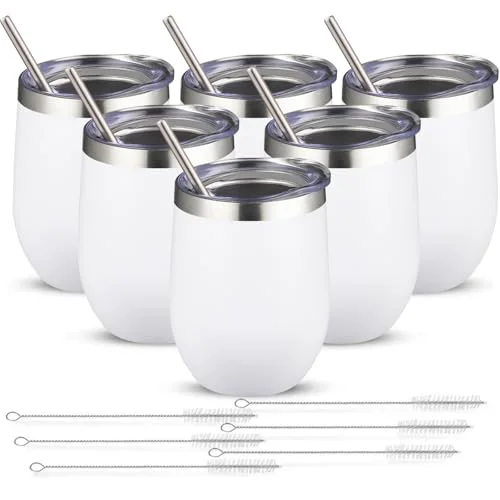 Certified 12oz 6 Pack Wine Tumbler Glasses with Lid Stemless Double Wall Vacuum Stainless Steel Travel Tumbler Keeping Cold Hot for Wine 6 Count Solid