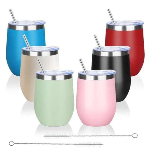 Functional 12oz 6 Pack Wine Tumbler Glasses with Lid Stemless Double Wall Vacuum Stainless Steel Travel Tumbler Keeping Cold Hot for Wine 6 Count Efficient