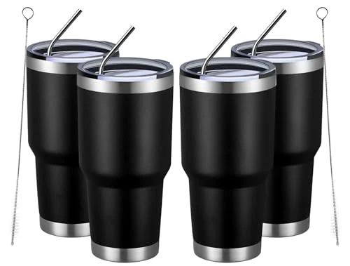 Powerful 30oz Insulated Tumbler With Lids and Straws 4 Count Safe